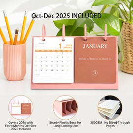 Bibiage Small Desk Calendar 2025-2026, Dec 2025 to Dec 2026, Monthly Decorative Flip Calendar for Desk with Motivational Quotes, Cute Desk Decor, Office Supplies, 10" x 6", Pink
