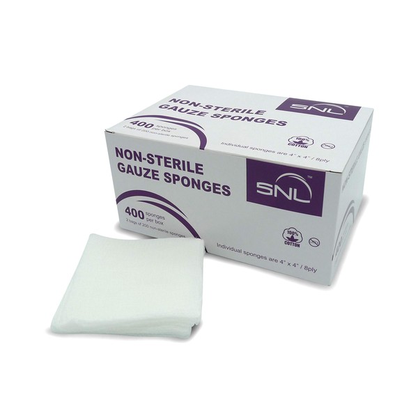 SNL Quality 'Non-Sterile' Gauze Sponge Pads - 8 Ply - 4" X 4" - Box of 400 (2X 200 Packs Inside)
