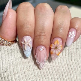 24Pcs Summer Beach Press on Nails Medium Almond Fake Nails with 3D Starfish Seashell Designs Hibiscus Flower False Nails Pearl Stick on Nails French Tip Acrylic Nails Floral Glue on Nails for Women