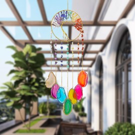 Filhome 7 Chakra Wind Chime Natural Agate Discs Tree of Life for Hanging Tree of Life Wind Catcher for Garden Outdoor Indoor Decoration (Round)