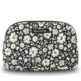 Bella Taylor Large Quilted Cotton Makeup Pouch for Women, Travel Cosmetic Bag, Quilted Cotton Bicolor Floral Black and Cream