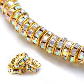 200Pcs 6mm Rondelle Spacer Beads Gold Plated Rhinestone AB Color Crystal Loose Beads for Necklaces Bracelets Jewelry Making
