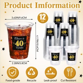 Funnymoom 60 Pack 40th Birthday Cup 12 oz Cheers to 40 Years Disposable Clear Plastic Birthday Cups Happy Birthday Cups for Men Women 40th Birthday Party Decorations Party Favors Wedding Anniversary