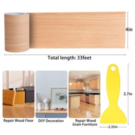 4" X33' Size Realistic Wood Grain Repair Tape, Self Adhesive Wood Grain Repair Patch for Tables, Chairs, Doors, Windows, Floors, Furniture Renovation, Handicraft DIY. With Plastic Scraper. Natural Oak