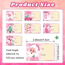 420 Pcs Christmas Name Tag Stickers Holiday Self Adhesive Pink Name Tags Merry Christmas Labels for Xmas Presents Wrapping Decoration