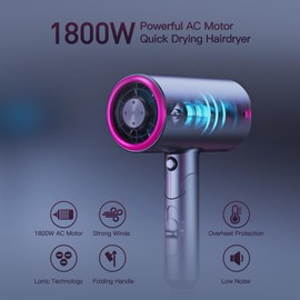 Pretfy - Secador de pelo plegable con difusor, secador de pelo iónico profesional de 1800 W, secador de pelo ligero de bajo ruido, secador de soplado con 2 velocidades, 3 botones de calentamiento y frío con difusor para viajes, uso en salón