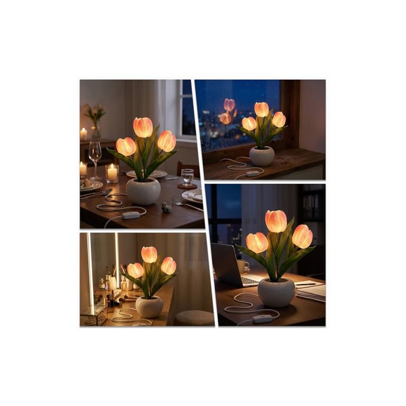 MOYAC Lámpara de Tulipanes de Mesa con 3 Flores, Luz