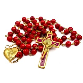 Nazareth Store Red Coral Beads Rosary Necklace Catholic Saint Benedict Chaplet Heart Locket Medal & Cross Religious Amulet for Women and Men - Velvet Bag