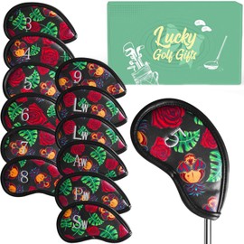 Golf Club Covers Iron Value 12 Pack Stylish Synthetic Leather Headcover, Embroidery Numbers Head Covers Universal Protector Fit Main Iron Wedge Clubs, Accessories Travel for Men Women (Rose&Bones)