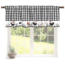 Granbey Buffalo Check Plaid Valances for Windows Farmhouse Rooster Kitchen Curtains Rustic White and Black Design Window Treatment Rod Pocket Valances for Kitchen Living Room 54 x 18 Inch, 1 Panel