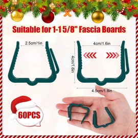 SelfTek 60 Pcs Christmas Light Clips Hooks, 1 5/8" Fascia Board Clips, Weatherproof Plastic Gutter Clips for Hanging Outdoor Lights, Holiday Light Clips Light Hangers for Roof Gutter Fence Eave-Green