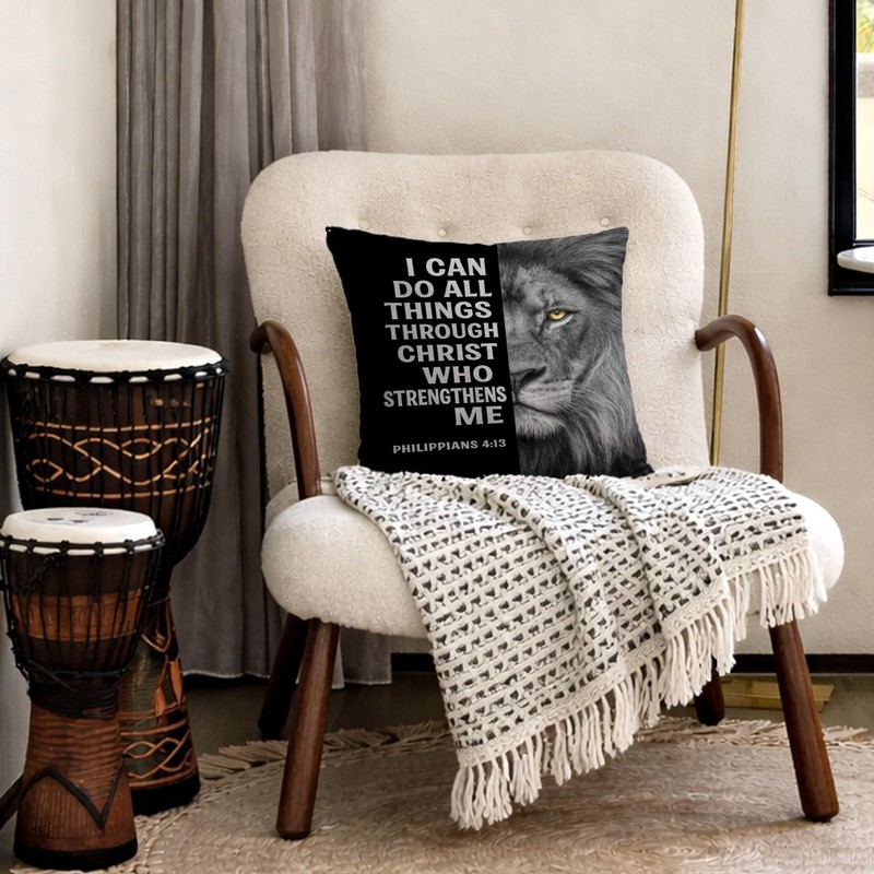 FOPENEM Inspirational Christian Lion Pillow Cover 18x18, I Can Do