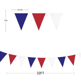 32Ft Red Blue White Pennant Banner Flag Triangle Fabric Bunting for Birthday Baby Shower Graduation USA National Day American Independence Day Veterans Patriotic Party Decorations Home Nursery Decor