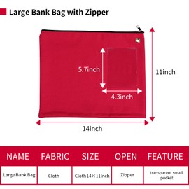 14×11Inch Large Bank Bag with Zipper Red Bank Deposit Bag with Grommet Interoffice Mailer Canvas Transit Sack for Documents Money Passport (red)