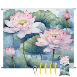 Eativisa Lotus Flowers Leaf Lightweight Beach Blanket Waterproof Sandproof 59"X68" Sand Free Beach Mat with 4 Stakes Compact Outdoor Blanket for Beach Quick Drying Picnic Mat for Travel Camping