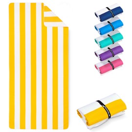 Fit-Flip Microfibre Beach towel - large beach towel - lightweight, compact and super absorbent - sand free quick dry towel, 100% recycled microfibre travel towel – white-lemon stripes 200x90cm
