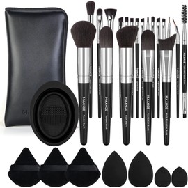 MAANGE 20 Brochas de Maquillaje con Bolsa para Brochas con 7 Esponjas Multifuncional y 1 Limpiador de Brochas Brochas para Maquillaje Kabuki Sintético Juego de Brochas para Viajes y Uso Diario(Negro)