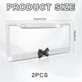 2PCS Bling Car License Plate Frame,Stainless Steel Crystal Rhinestone Stainless Steel Vehicle Bow Plate Covers,Glitter Diamond Sparkly License Plate Holder,Pink Car Accessories for Women (White&Black)