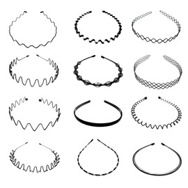 XNJIHWA Pack of 12 Metal Hair Bands, Men's Hair Band, Women's Wave Zigzag Headband for Outdoor Sports, Fitness, Daily Make-Up, Yoga, Black