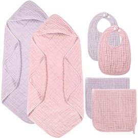 Hahafelt 6 Pcs Muslin Hooded Bath Towels Washcloths and Bibs Set, Muslin Cotton Baby Towels Absorbent Hooded Blanket Towel Infant Bibs for Boys Girls 