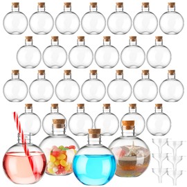 Jinei 30 Pcs 6 Oz Ball Shape Plastic Sand Art Bottles with Corks Spherical Clear Plastic Potion Bottles Round Decorative Bottles for DIY Birthday Wedding Party Gift Crafts Decoration