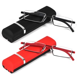 REAVEE 2 Pack Half Reading Glasses for Women Men, Lightweight Half Frame Slim Metal Readers with Portable Case, Black and Red +2.75