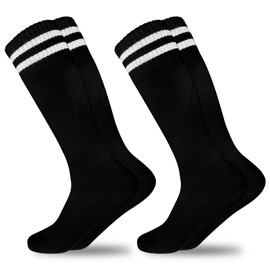 GRPSKCOS Kids Soccer Socks, 2 Pairs Sports Girls Boys Knee High Tube Socks Toddler Stripes School Uniform Stockings（#3 Black 2 Pairs，6-12 Years