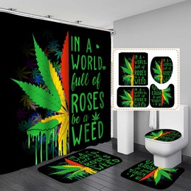 Jayden Madge 4PCS Green Yellow Red Maple Leaf Shower Curtain Set, Cool Inspirational Quotes Bathroom Decor for Teens, Non-Slip Bath Mat Toilet Rug, in A World Full of Roses