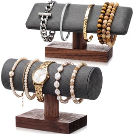 Sieral Set of 2 Walnut Bracelet Holder Display Wooden Stand Jewelry Organizer T Bar Rack Storage Tower for Necklaces Bangles Watches Home Retail