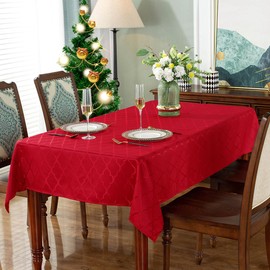 SASTYBALE Christmas Tablecloth Rectangle, Spillproof and Wrinkle Resistant Jacquard Table Cloth with Floral Patterns for Dining Room & Holiday Decoration (Red, 152 x 305 cm (10-12 Seats))