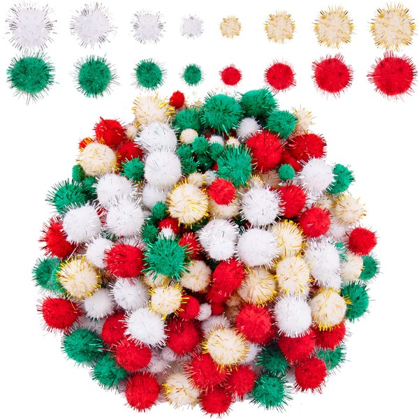 BQTQ 1200 Pieces Christmas Pom Pom Mini Glitter Pom Pom Fluffy Tinsel Pom Pom Balls for Craft Making and Christmas Decorations, Gold Red White Green, 4 Sizes