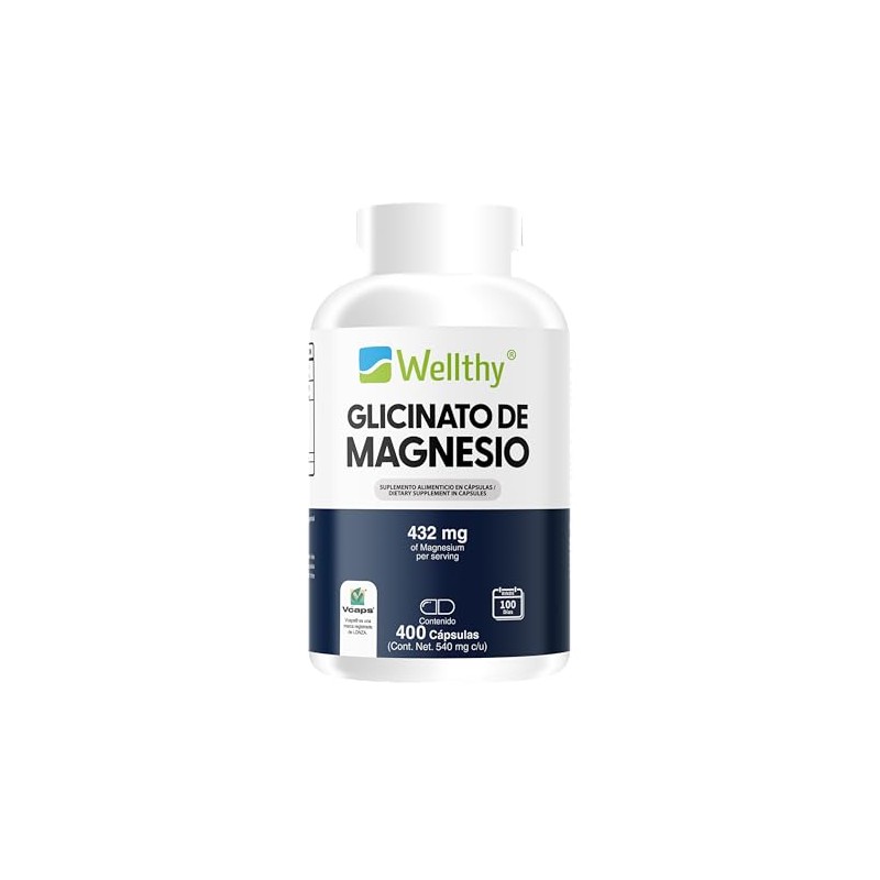 Wellthy Glicinato de Magnesio 400 Cápsulas 432mg. 100% Natural, Alta