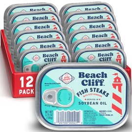 Beach Cliff Wild Caught Fish Steaks in Soybean Oil, 3.75 oz Can (Pack of 12) - 17g Protein per Serving - Great for Pasta & Seafood Recipes
