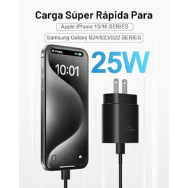 Cargador tipo C de carga rápida, paquete de 2 [3.05m y 1.83m] cable USB C largo con bloque de cargador súper rápido de 25W para teléfono compatible co