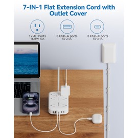 Flat Extension Cord with Outlet Cover & Multi USB- 5 FT, 1625W 3 Prong Extension Cord with 12AC Outlet 6 USB (24W/4.8A), Multi Ports Charging Station for Behind Wall Furniture Couch Sofa TV