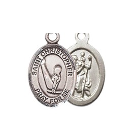 Men's Pewter Saint Christopher Gymnastics Medal Pendant on 24 Inch Endless Rhodium Plated Heavy Curb Brass Chain, Catholic Religious Necklace -Made in USA- Deluxe Velvet Gift Box