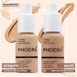 Phoera Foundation Full Coverage Makeup Set - Includes Buff Beige & Sand 30ml Matte Foundation, 6ml Face Primer & Liquid Foundation Brush for Easy Application