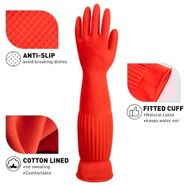 ThxToms Rubber Dishwashing Cleaning Gloves (2-Pair) - Fleece Lined, Reusable, Waterproof with Extra-Long Cuff & Anti-Slip Design for Household & Kitchen Use - Large