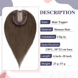 Hairro Brown Hair Toppers Clip in Human Hair Topper for Women 10x12cm Large Silk Base 100% Real Remy Human Hair Realistic Hairpiece Cover Grey White Thinning Hair 8 inch Dark Brown