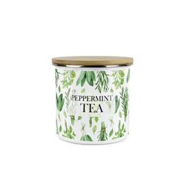 Purely Home Kitchen Herbs Peppermint Tea Storage Canister - White & Green Leaf Metal Enamel Medium Sized Food Storage Container