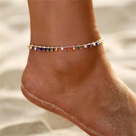 14k Gold Ankle Bracelets,Golden Rainbow Glass Beads Charms Anklets for Women,Colorful Crystals Women’s Waterproof Anklet Bracelet,Cuban Link Herribone Tassel Anklets Set,Woman Dainty Gold Filled Beach Anklets Bracelets Jewelry for Women Gold Plated (Rain