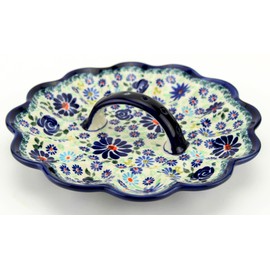 Polish Pottery Deviled Egg Platter, Round Deviled Egg Tray, Deviled Egg Carrier, Zaklady Boleslawiec, Poland, Floral Swirl Celebration Design, Capacity: 12 Eggs, Diameter: 9.5 inches