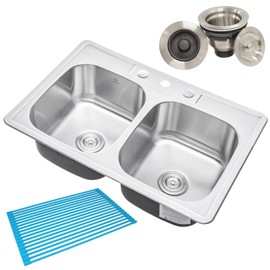 CozyBlock 33 x 22 x 9 Inch 50/50 Top-mount/Drop-in Stainless Steel Double Bowl Kitchen Sink with Strainer and Silicon Dishrack -18 Gauge Stainless Steel-3 Faucet Hole