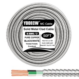 50ft 8/2 Metal Clad (MC) Cable with Ground, 8 Gauge Electric Wire with Aluminum Armor, Solid Bare Copper Conductors for Indoor Outdoor Underground Embedded Installation (8/2, 50 ft)