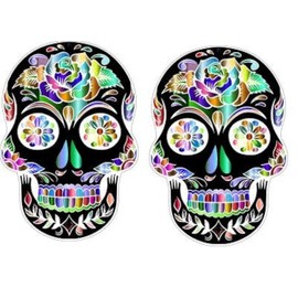 2-Pack Sugar Skull Stickers – 4 Inch Vinyl Calavera Decals in Black/Multicolor – Dia de Los Muertos Skull Stickers for Kids, Laptops, Scrapbooks, Crafts, Day of The Dead Decorations