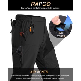 Rapoo Hiking Pants for Mens with Pockets Comfy Lightweight Waterproof Quick Dry Travel Track Outdoor Summer Camping Thin Fishing Work Cargo Pants Black 36Wx30L