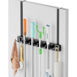 Broom Holder Door Mount, Over the Door Broom and Mop Holder with 2 Over Door Hooks,  Broom Hanger, Tool Rack Organizer for Laundry, Garage, Closet, Kitchen Decor, 4 Slots & 4 Hooks Rustic - Color: Brown