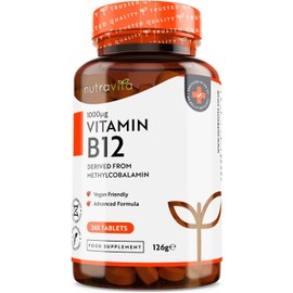 Vitamin B12 1000mcg - 365 High Strength Vegan Tablets (1 Year Supply) - Max Strength B12 Supplement - Contributes to The Reduction of Tiredness and Fatigue - Made in The UK by Nutravita