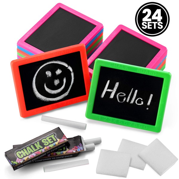 Neon Chalkboard Set for Kids - (Pack of 24) Mini Chalk Boards Each with 2 Chalk Sticks, and 1 Eraser for Boys and Girls Birthday Party Favors for Kids Goodie Bags