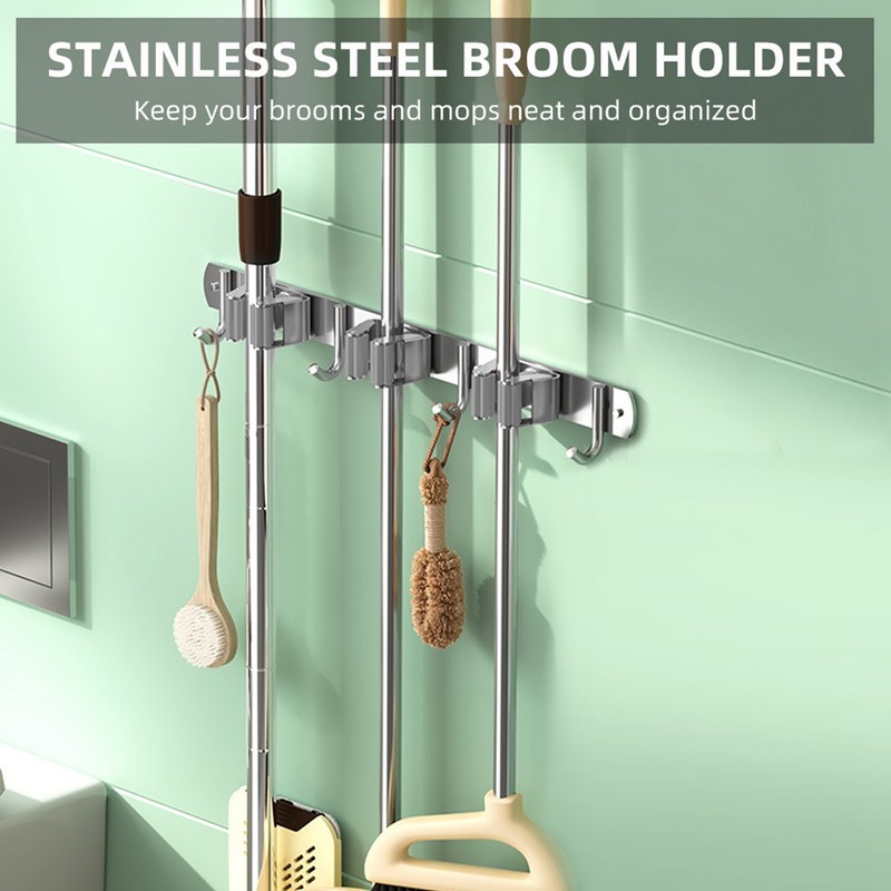 2pcs 304 Stainless Steel Broom Holder 3 Racks 4 Hooks